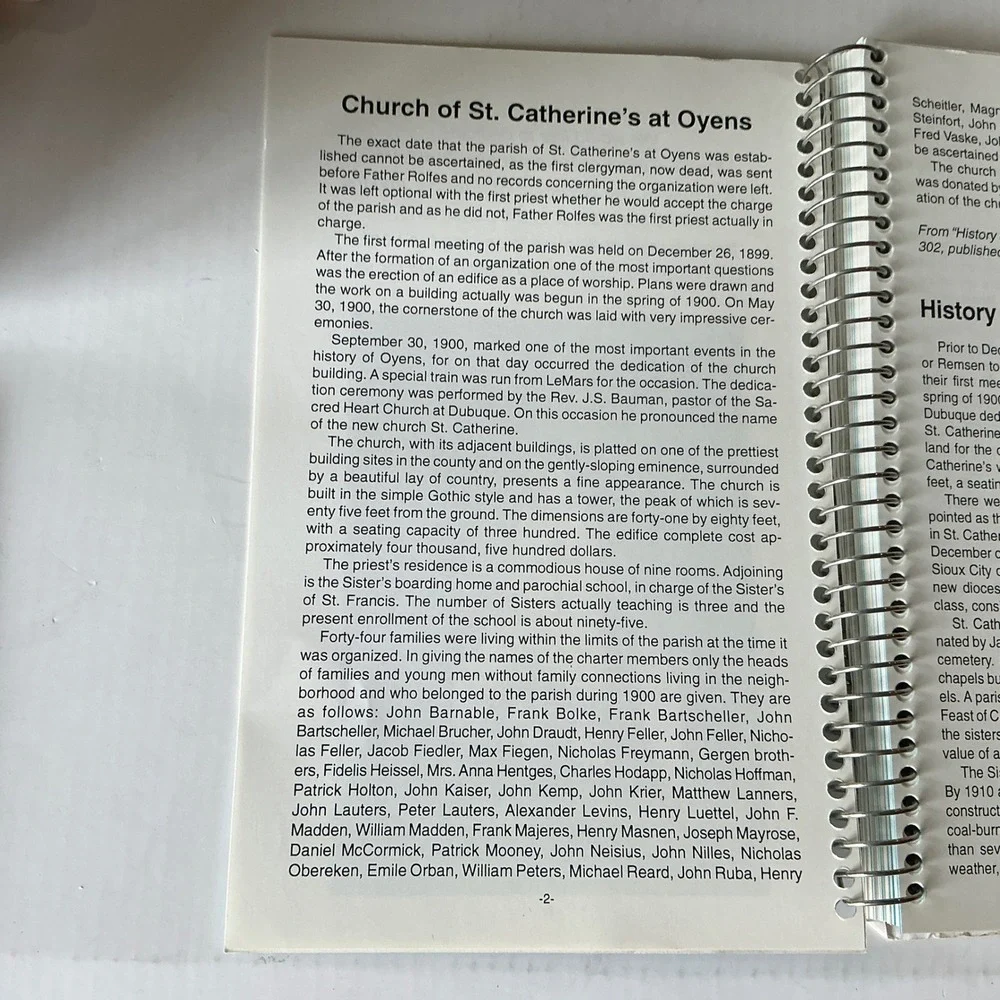 St. Catherine's Vintage Centennial Cookbook Oyens Iowa Spiral Bound 2000